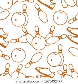 Seamless pattern with bowling shoes, pins and bowls. Sports theme. Bowling club Center Game, hobby, entertainment. Design for wrapping, fabric or print.