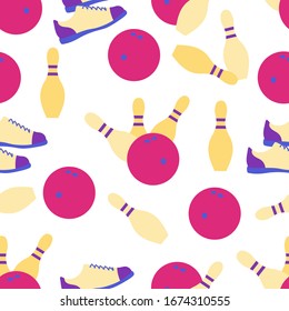 Seamless pattern with bowling shoes, pins and bowls. Sports theme. Bowling club Center Game, hobby, entertainment. Design for wrapping, fabric or print.