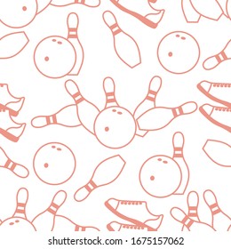 Seamless pattern with bowling shoes, pins and bowls. Sports theme. Bowling club Center Game, hobby, entertainment. Design for wrapping, fabric or print.