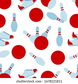 Seamless pattern with bowling shoes, pins and bowls. Sports theme. Bowling club Center Game, hobby, entertainment. Design for wrapping, fabric or print.