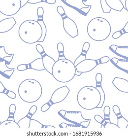 Seamless pattern with bowling shoes, pins and bowls. Sports theme. Bowling club Center Game, hobby, entertainment. Design for wrapping, fabric or print.