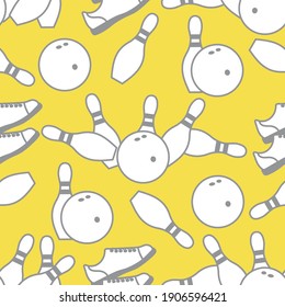 Seamless pattern with bowling shoes, pins and bowls. Sports theme. Bowling club Center Game, hobby, entertainment. Design for wrapping, fabric or print. Illuminating and Ultimate Gray.