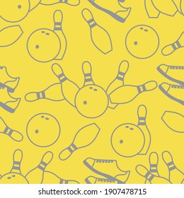 Seamless pattern with bowling shoes, pins and bowls. Sports theme. Bowling club Center Game, hobby, entertainment. Design for wrapping, fabric or print. Illuminating and Ultimate Gray.