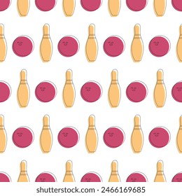 Seamless pattern with bowling shoes, pins and bowls. Sports theme. Bowling club Center 