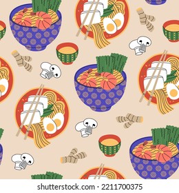 Seamless pattern of bowls and chopsticks with different ramen recipes. Hot noodle with shrimps, tofu, eggs, mushrooms, souse. Popular asian food. Hand drawn vector illustration. Flat cartoon style.