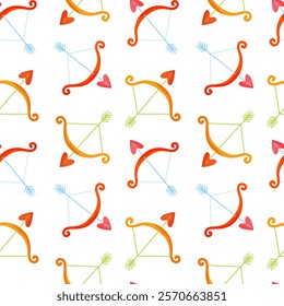 Seamless pattern of bows and arrows with heart-shaped tips for Valentine's Day. Design of wrapping paper, fabric design, or festive decorations