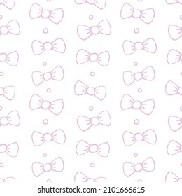 Seamless pattern with bows, asymmetric random polka dots, bubbles or buttons. Cute fun simple abstract vector background, texture for fabric, wrapping paper, kids design