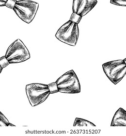Seamless pattern with bows or bow ties. Vector graphic illustration. Black and white image of the accessory. Separate from the background. For textiles, printing, wrapping paper, packaging and more.