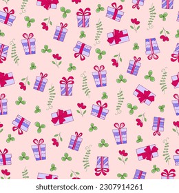 Seamless pattern with bows, boxes, gifts, leaves, flowers. Hand-drawn festival elements. Gifts in doodle style.