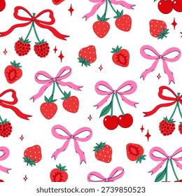 Seamless pattern with bows, cherries, and raspberries. Vector graphics.