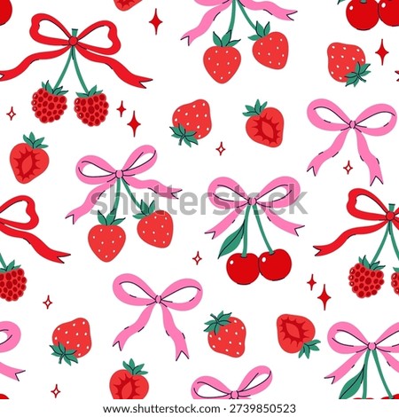 Seamless pattern with bows, cherries, and raspberries. Vector graphics.