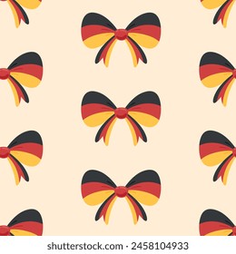 Seamless pattern with bows in colors of German flag on pastel yellow background. German Unity day or other national holiday celebration theme. Vector illustration.