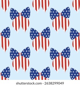 Seamless pattern  with bows decorated in the American flag design. Perfect for celebrations like Independence Day, Memorial Day, or national events. Vector illustration