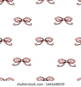 Seamless pattern with bows, decorative pink bows. Ribbons on white background. Vector illustration.