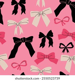 Seamless pattern with bows of different shapes on a pink background. Vector graphics.