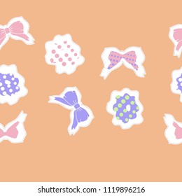 Seamless pattern  of bows, floral motifs, halftone, dashed lines, tags. Hand drawn.
