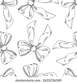Seamless pattern of bows. Handmade ink illustration. For packaging design, cards, cover, prints, product labels and fabric.