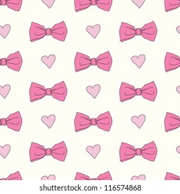 Seamless pattern with bows and hearts. Seamless pattern can be used for textiles, wrapping paper, wallpaper, pattern fills, web page background, surface textures.