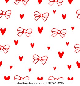 Patrón sin soldadura con arcos y corazones sobre un fondo blanco. Diseño romántico de papel de embalaje, postales, revistas, álbumes. Ilustración aislada de vectores con arcos y corazones.