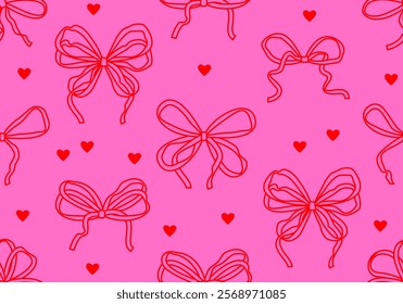 Seamless pattern with bows and heats. Trendy Romantic curly decorative vector pattern with bow, heart. Wavy background with pink bow. Vintage retro design for greeting card, wedding and birthday party