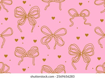 Seamless pattern with bows and heats. Trendy Romantic curly decorative vector pattern with bow, heart. Wavy background with bow. Vintage retro design for greeting card, wedding and birthday party