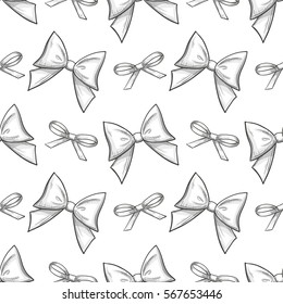 Seamless pattern of bows icons. Monochrome sketch style illustration for decoration. Vector.