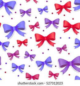Seamless pattern with bows isolated on white. Pussy color bright bowknots endless texture. Gift knots of ribbon in flat style design. Overwhelming bow decorative elements Vector cartoon illustration