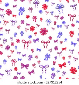 Seamless pattern with bows isolated on white. Pussy color bright bowknots endless texture. Gift knots of ribbon in flat style design. Wide and thin decorative elements. Vector cartoon illustration