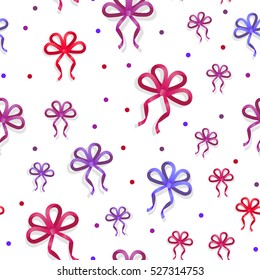 Seamless pattern with bows isolated on white. Pussy color bright bowknots endless texture. Gift knots of ribbon in flat style design. Wide and thin decorative elements. Vector cartoon illustration