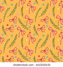 Seamless Pattern with Bows, Leaf and Confetti. Ornament items with Easter and Spring symbols. For printing wrapping paper, wallpaper, packaging, fabric. Hand Drawn vector illustration.