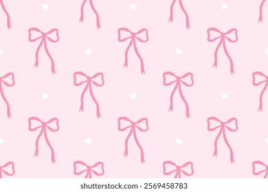 Seamless pattern bows with little hearts in flat style. Cute trendy design. Pink bows. Ballet-core, coquette-core background. Illustration for textiles, prints, covers, phone cases, wallpapers