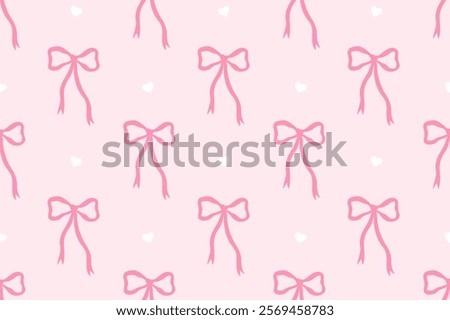Seamless pattern bows with little hearts in flat style. Cute trendy design. Pink bows. Ballet-core, coquette-core background. Illustration for textiles, prints, covers, phone cases, wallpapers