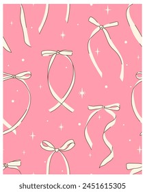 Seamless pattern of bows on a pink background. Pattern of bows, knots, gift bows. Bows in hand-tied and flat styles. Modern poster, textile. Vector pattern 