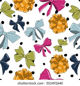 Seamless pattern with bows. Polka dot background. Perfect for wrapping paper.
