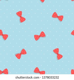 Seamless pattern with bows and polka dots on blue background. Vector illustration