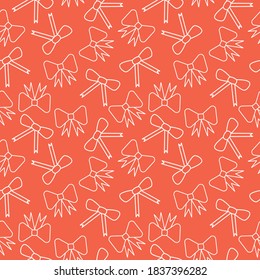 Seamless pattern with bows. Red and white silhouette with black line.