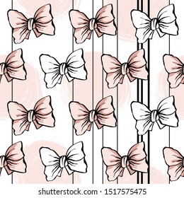 Seamless pattern of bows, ribbons, hand drawn, cute background for fabrics, clothes, wrapping paper, greeting card.