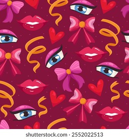 Seamless Pattern with Bows, Ribbons, Hearts, Lips and Eyes on a Pink Background. Repeated pattern design perfect for Valentine's Day, print, cards, banners, wrapping paper, fabric