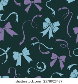 seamless pattern with bows and ribbons on a dark background. blue and lavender color backdrop with tided bows and ribbons with curving, flowing lines. Cheerful design for textile, wrapping, wallpaper