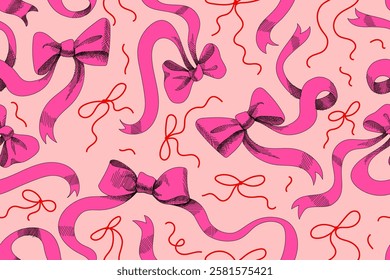 Seamless pattern with bows and ribbons in pink colors. Elegant bows with long wavy and twisted ribbons. Sketch style. Vector illustration, doodle hand drawn.