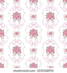 Seamless pattern bows and rose. You can change the background color from the EPS file.