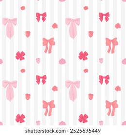 Seamless pattern with bows and roses on striped background. Vintage wallpaper. Vector illustration. Girly elegant ribbons and roses. Pastel pink colors.