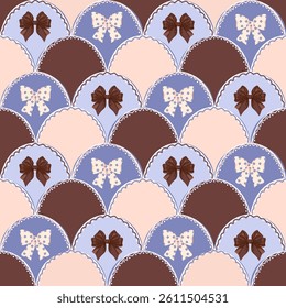 Seamless Pattern with Bows in Scallop Design in Mahogany, Pastel Blue, Beige, and Chocolate Tones