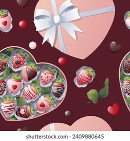 Seamless pattern with box of chocolate covered strawberries with hearts. Great for wrapping paper, fabric, wallpaper, textiles. Background for Valentine's Day.