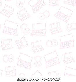 Seamless pattern box with eyeshadow. Decorative Cosmetics outline on a white background. Vector illustration. Beauty wallpaper.