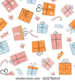 Seamless pattern of a box with gifts and ribbons, bows. New Year's greetings on the holiday, Birthday. Sweets, candies, stars. Vector graphics. Christmas ornament.