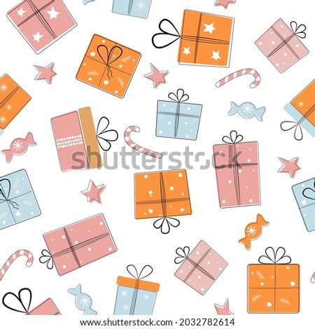 Seamless pattern of a box with gifts and ribbons, bows. New Year's greetings on the holiday, Birthday. Sweets, candies, stars. Vector graphics. Christmas ornament.
