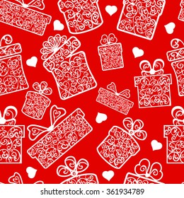 Seamless pattern with box and hearts on red background
