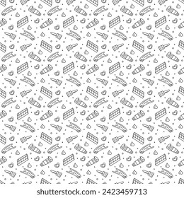 Seamless pattern with box of paints, tube, paint stroke, brush. Doodle outline vector illustration.