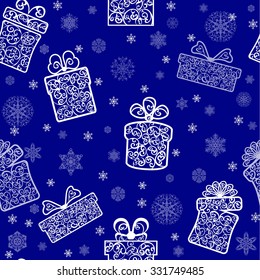 Seamless pattern with box and snowflakes on blue background